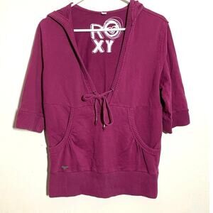 Vintage ROXY Babydoll Tie Hoodie Half Sleeve Womens XL Kangaroo Pocket